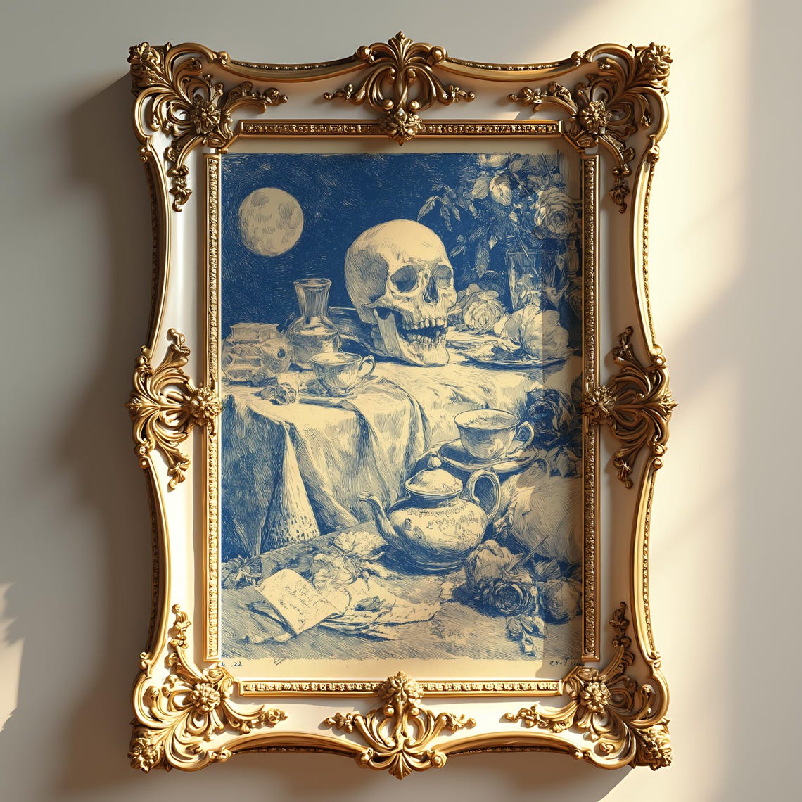 Skeleton Tea Party Under Moonlight Spooky Autumn Night Halloween Decor Vintage Gothic Art Eerie Fall Home 216