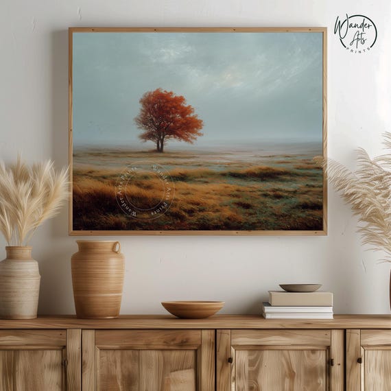 Red Oak Tree In Meadow Rustic Nature Landscape Art Earthy Autumn Scene Farmhouse Wall Decor Painting 385