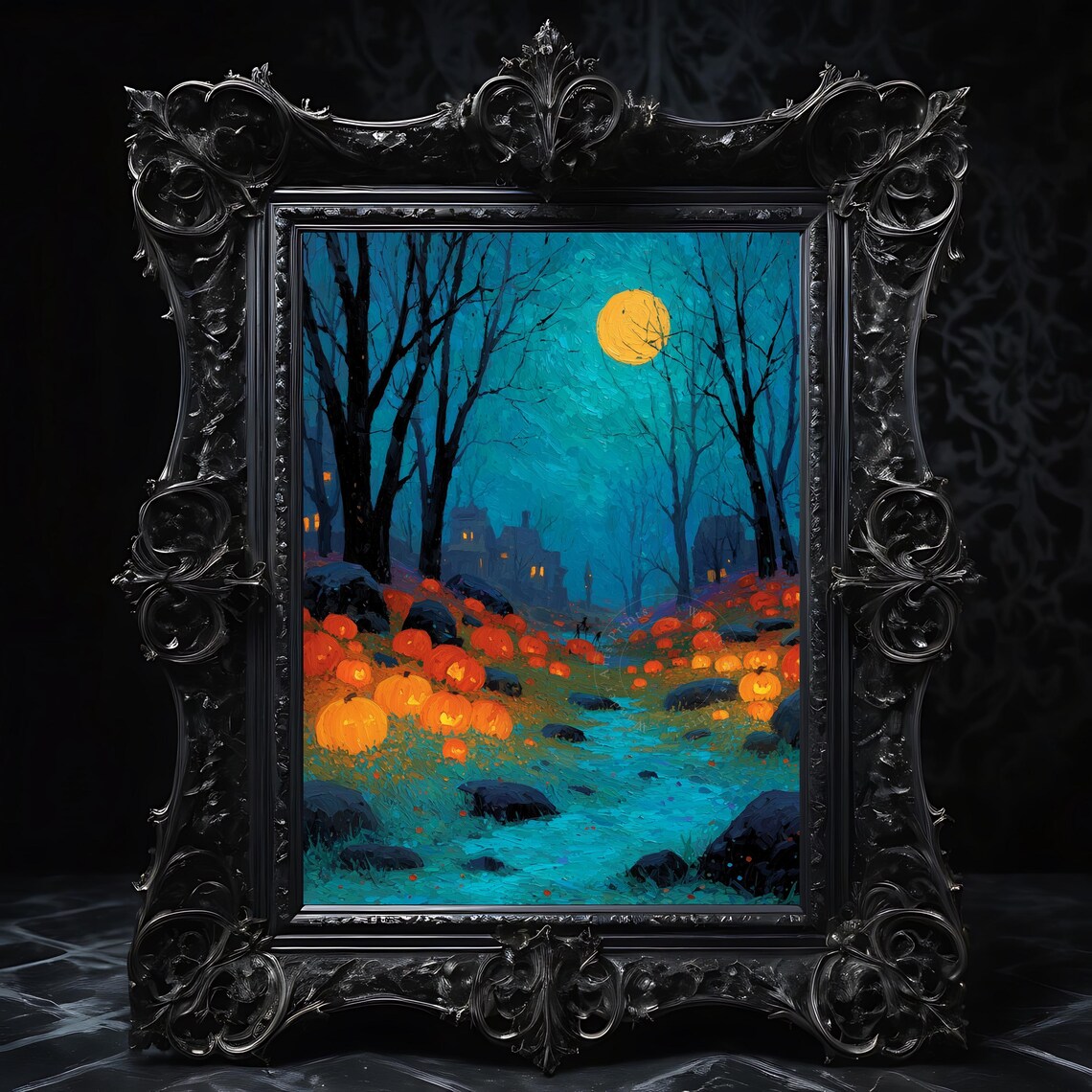 Halloween Pumpkin Patch Under Full Moon Spooky Night Painting Poster