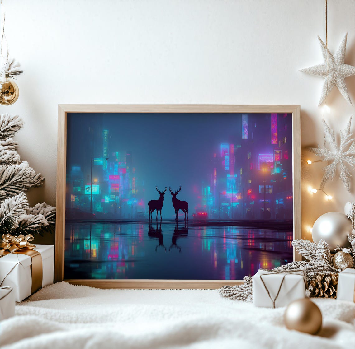 Two Reindeer Silhouettes Before a Neon Night City Christmas Poster