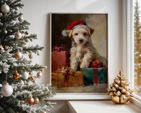 Adorable Cream Puppy In Santa Hat On Christmas Gifts Wall Art