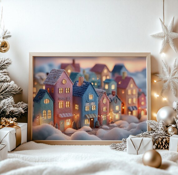 Pastel Christmas Village Colorful Glowing Cottages Snowy Night Poster
