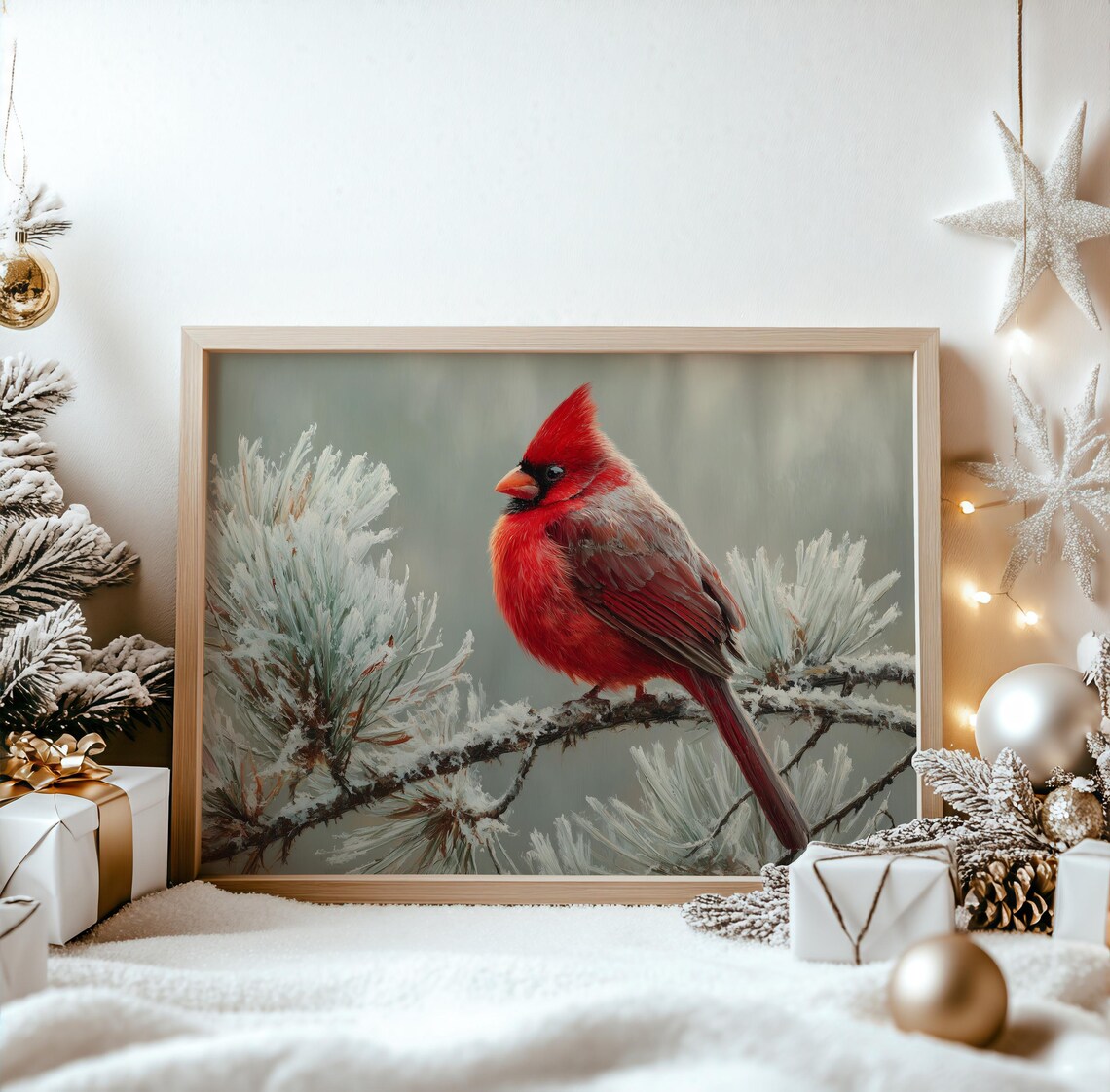 Red Cardinal Perched On Frosty Pine Branch Winter Bird Vintage Poster
