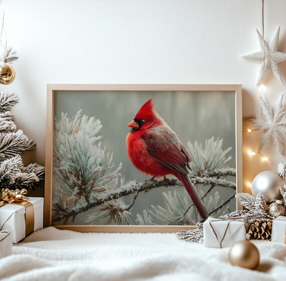 Red Cardinal Perched On Frosty Pine Branch Winter Bird Vintage Poster
