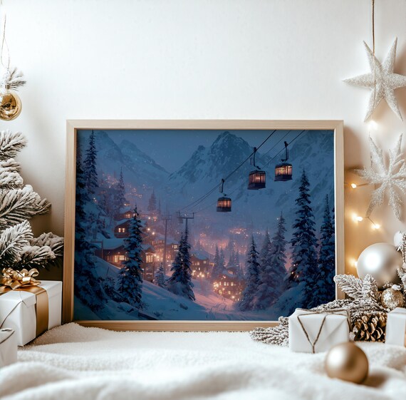 Ski Village Night Gondola Cable Cars Snowy Pines Cozy Winter Poster