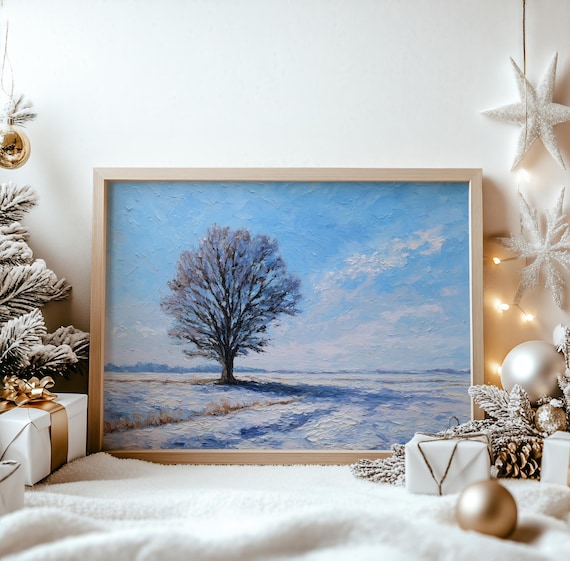 Winter Oak Tree Snowy Blue Landscape Textured Serene Art Poster