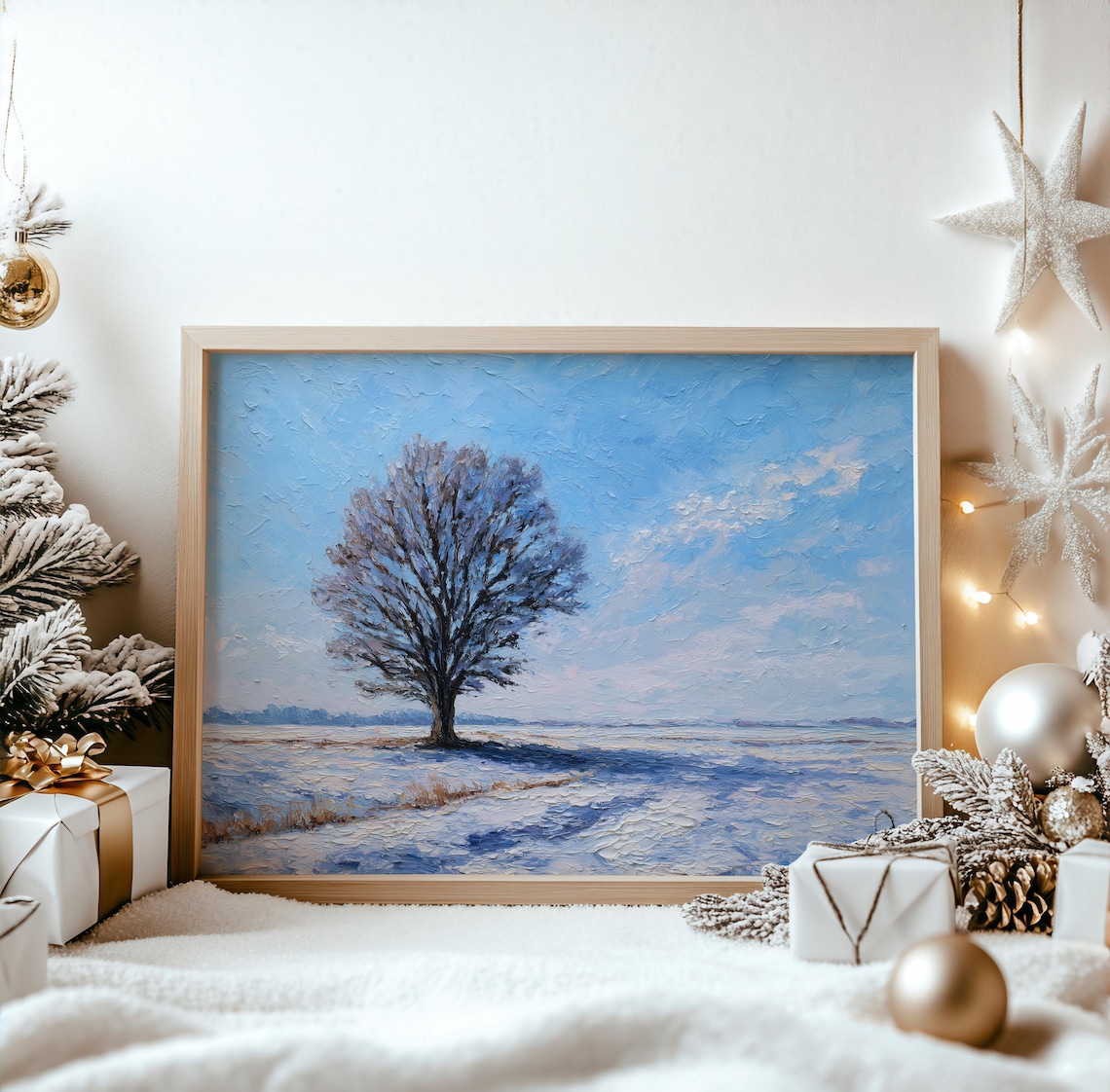 Winter Oak Tree Snowy Blue Landscape Textured Serene Art Poster