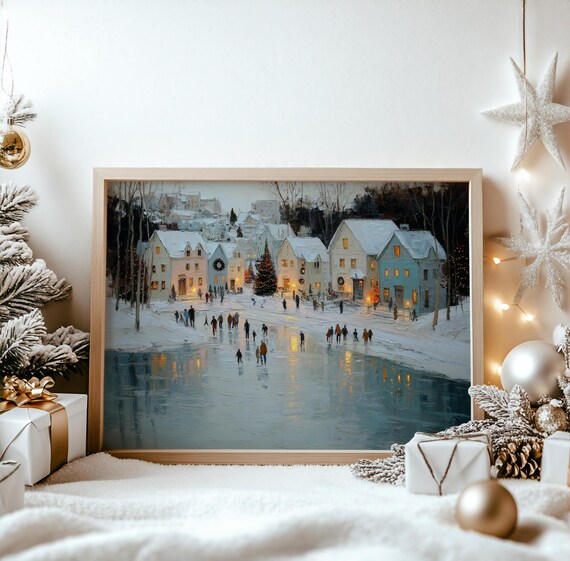 Charming Snowy Village Square Ice Skaters Christmas Night Poster