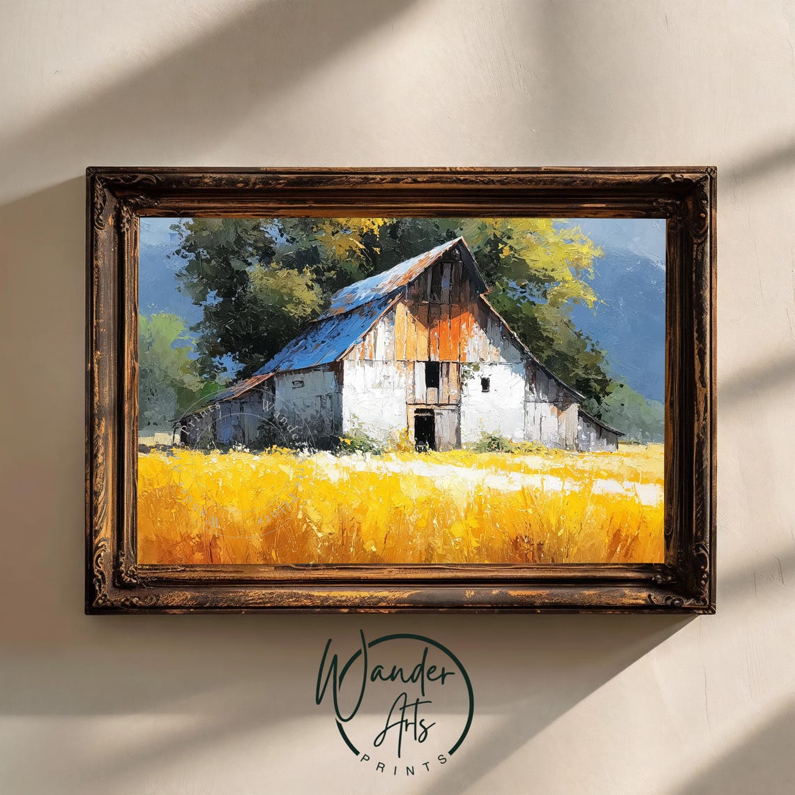Rustic Farmhouse Barn In Autumn Wheat Field Painting Cozy Countryside Decor Impressionist Wall Art Amber Scene 914