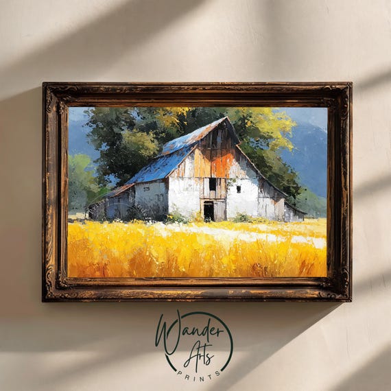 Rustic Farmhouse Barn In Autumn Wheat Field Painting Cozy Countryside Decor Impressionist Wall Art Amber Scene 914