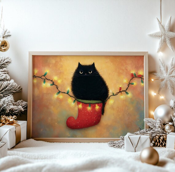 Black Cat Sitting in Red Christmas Stocking Lights Holiday Art Poster