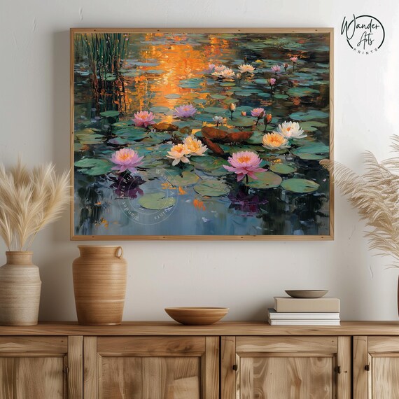 Monet Style Water Lilies Sunset Pond Impressionist Floral Oil Painting Poster
