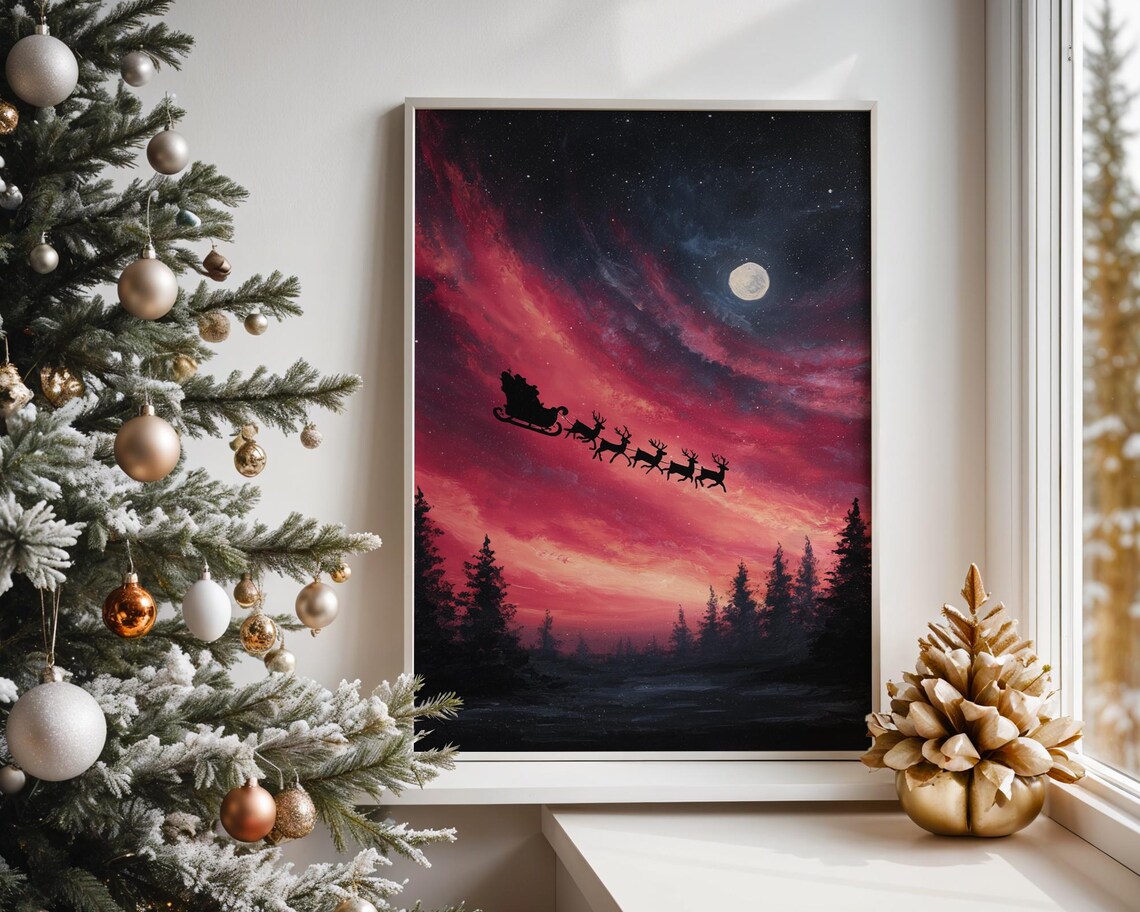 Santa Sleigh Silhouette in Crimson Sunset Winter Sky Art Poster
