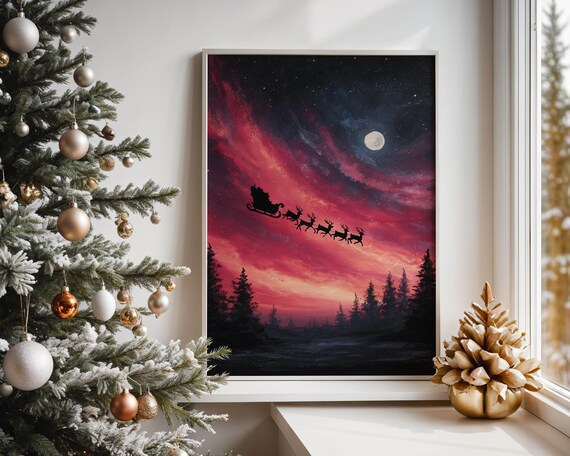 Santa Sleigh Silhouette in Crimson Sunset Winter Sky Art Poster