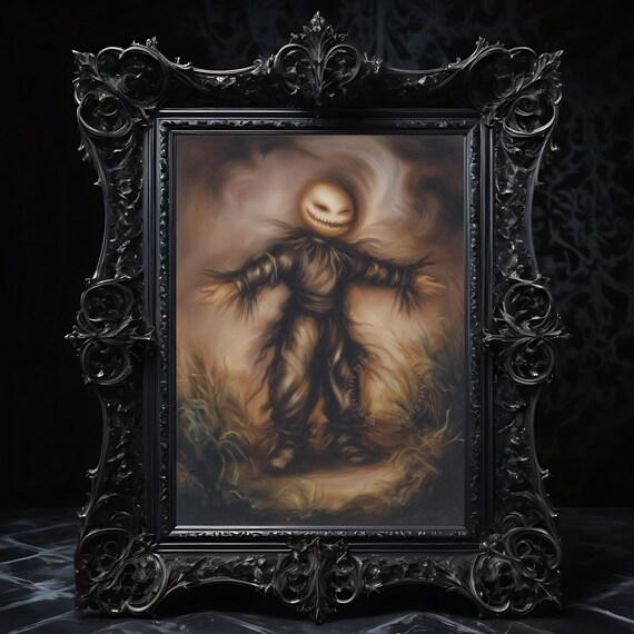 Rustic Autumn Scarecrow Painting Halloween Wall Art Moody Fall Decor Vintage Lantern Scene Country Harvest Print 179