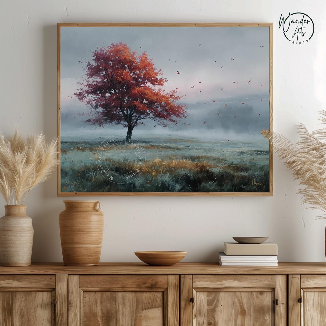 Rustic Red Oak Tree Landscape Autumn Wall Art Single In Meadow Vintage Fall Decor Oil Painting Print Nature 382