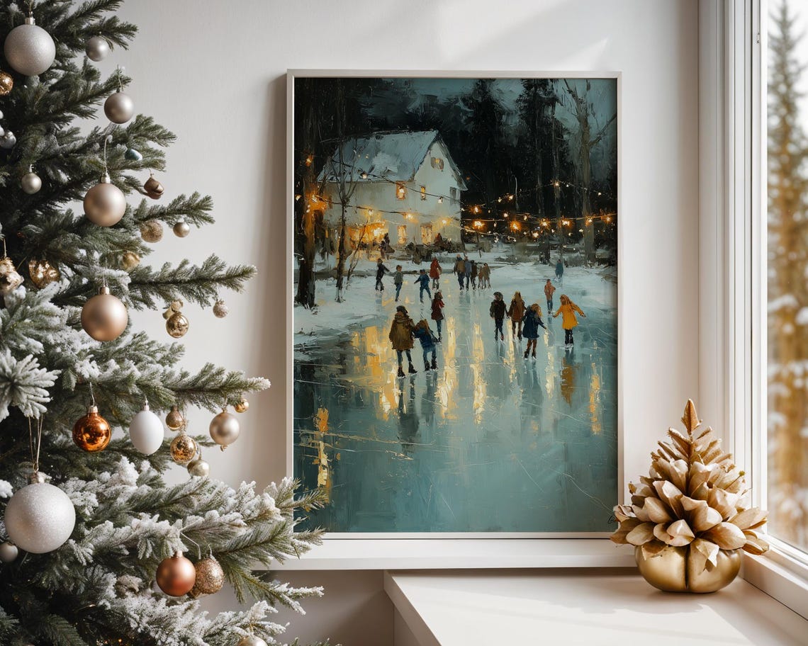 Winter Moonlit Ice Skaters On Frozen Pond By Cozy Lit House Poster