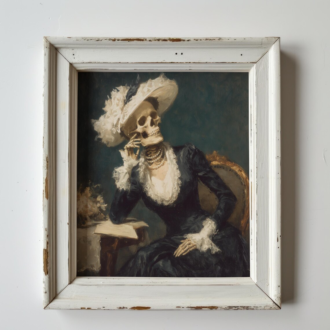Victorian Skeleton Lady Portrait Gothic Vintage Hat Painting Wall Art