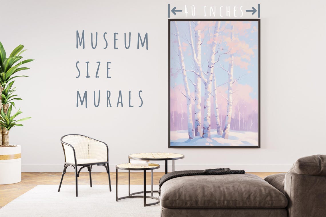 White Birch Trees In Winter Snow Under Pastel Pink Sky Art Poster - Image 5