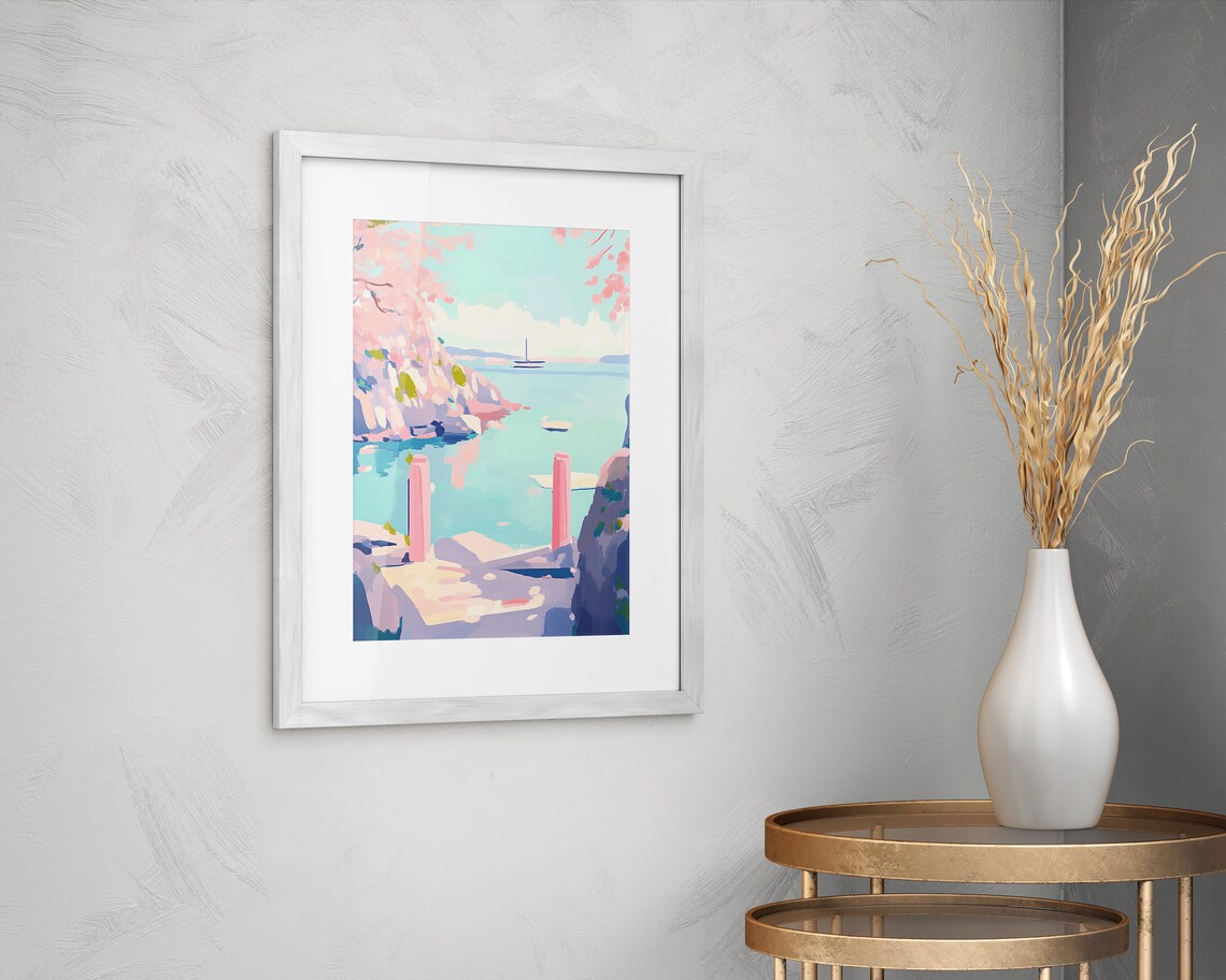 Cherry Blossom Cove Sailboat Pink Coastal Bay Wall Art Print - Image 4