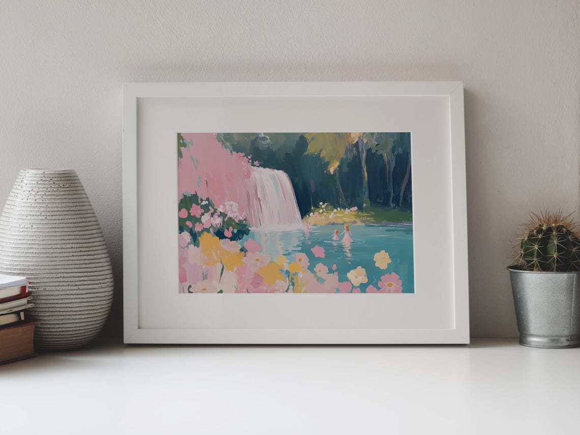 Pink Waterfall Teal Pond Wildflower Fantasy Forest Art Poster - Image 4