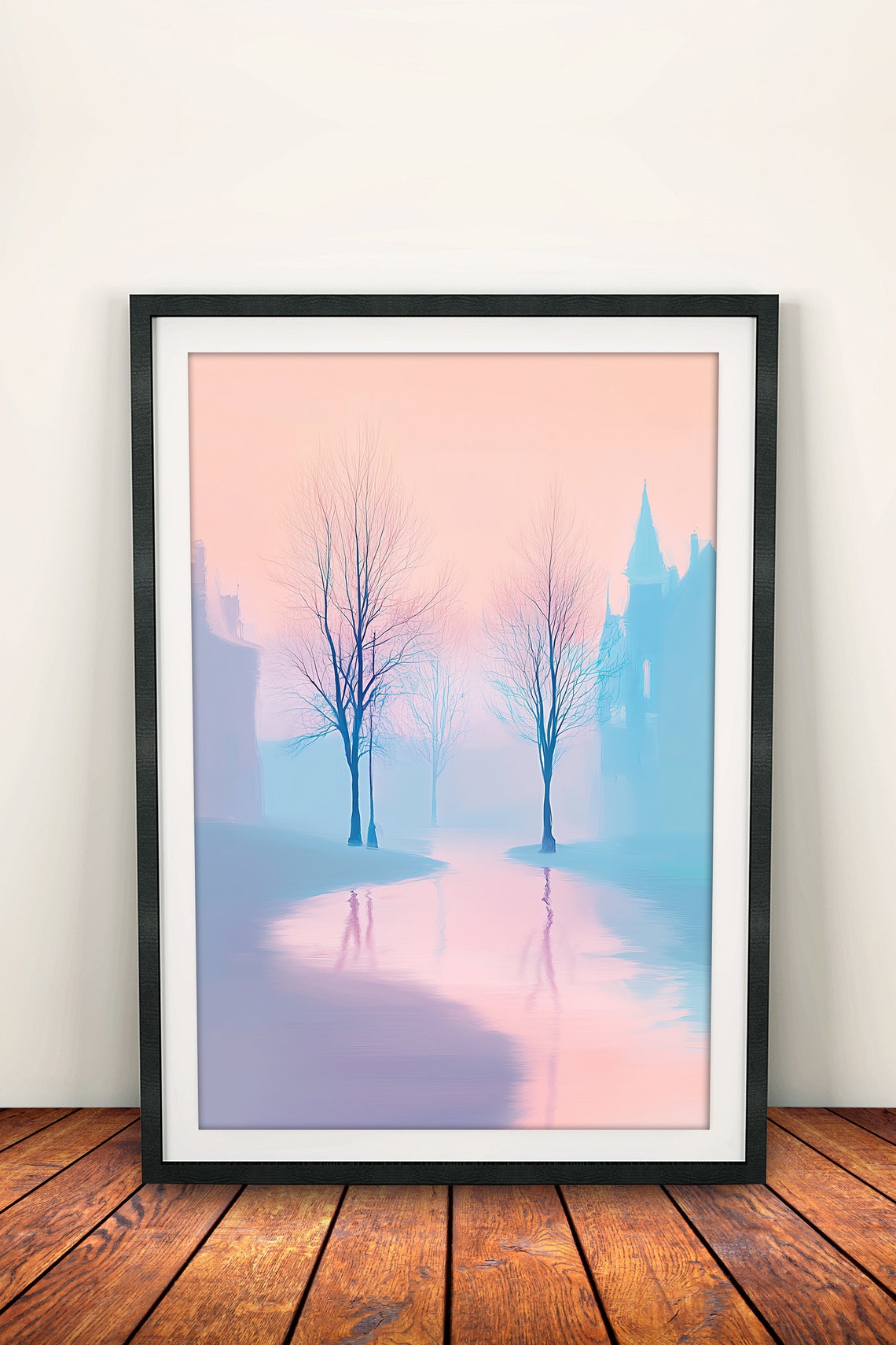 Pastel Dawn Reflection Trees On A Lake Art Water Reflection Calming Artwork Nature Scene Artwork Peaceful Artwork Tranquil Landscape - Image 2