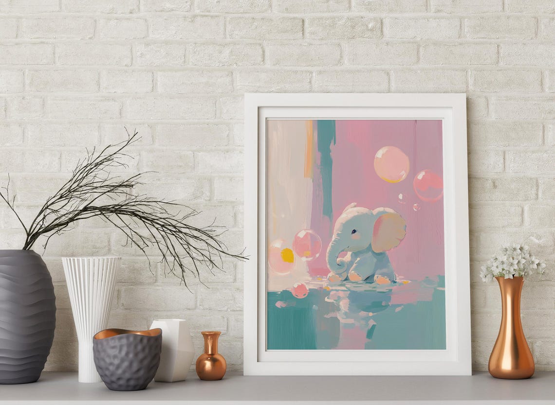 Baby Elephant Playing in Water with Pastel Bubbles Nursery Art Poster - Image 4