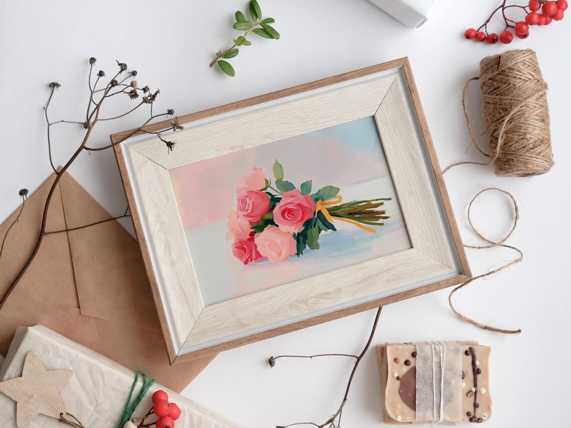 Pink Rose Bouquet Yellow Ribbon Pastel Romantic Wall Art Print - Image 4