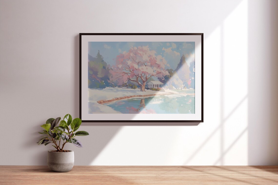 Cherry Blossom Tree Lake Reflection White Gazebo Snow Spring Landscape Poster - Image 3