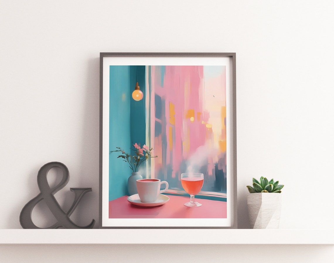 Cozy Cafe Tea by the Window Pastel Kitchen Drink Still Life Wall Art - Image 2