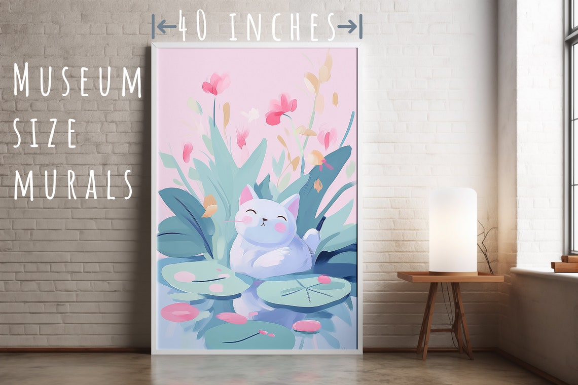 Cute White Cat on Lily Pads Pink Flowers Kawaii Wall Art Print - Image 5