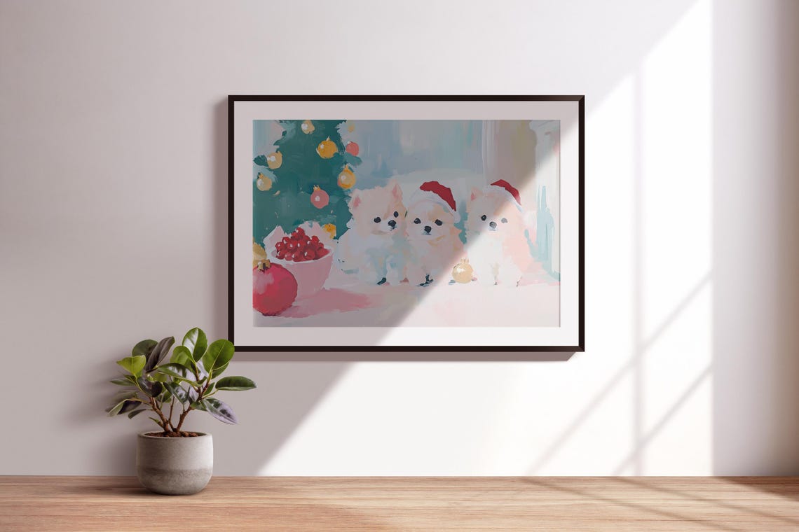 Three White Puppies Red Santa Hats Christmas Tree Holiday Poster - Image 3