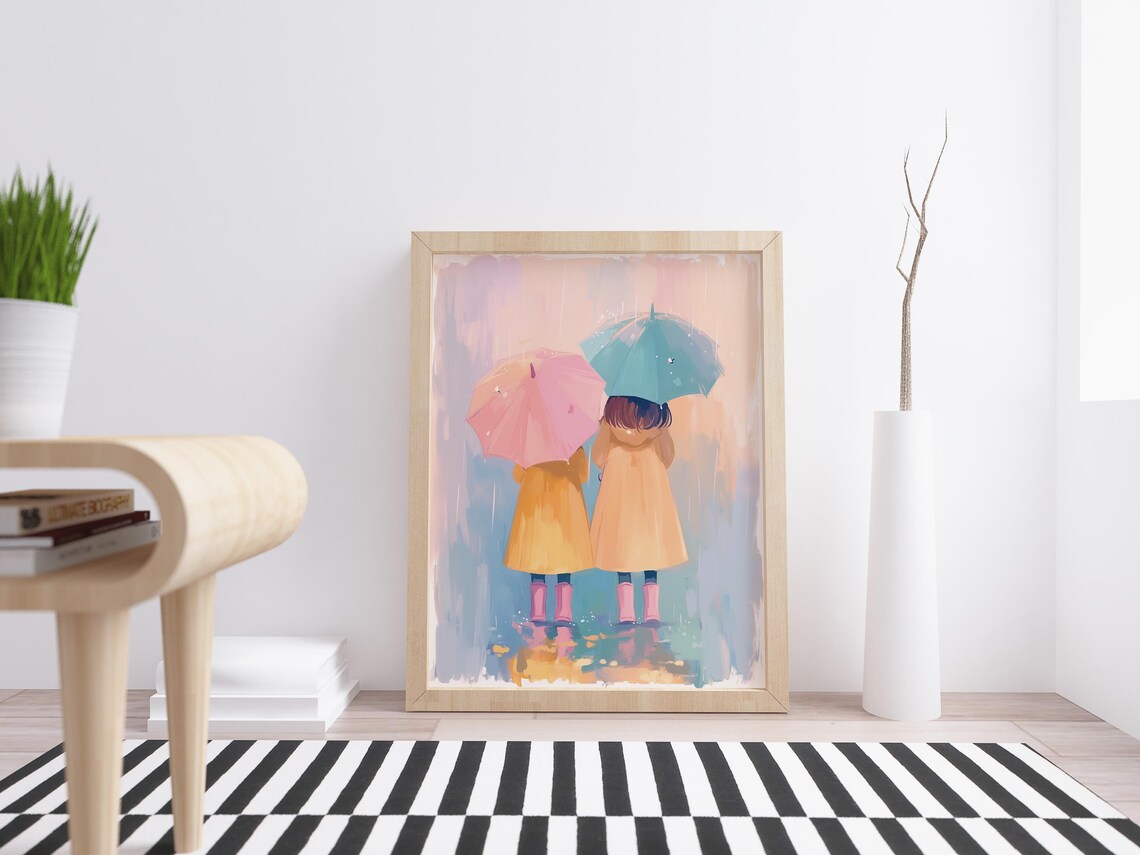 Two Girls In Yellow Raincoats With Colorful Umbrellas In Rain Poster - Image 4