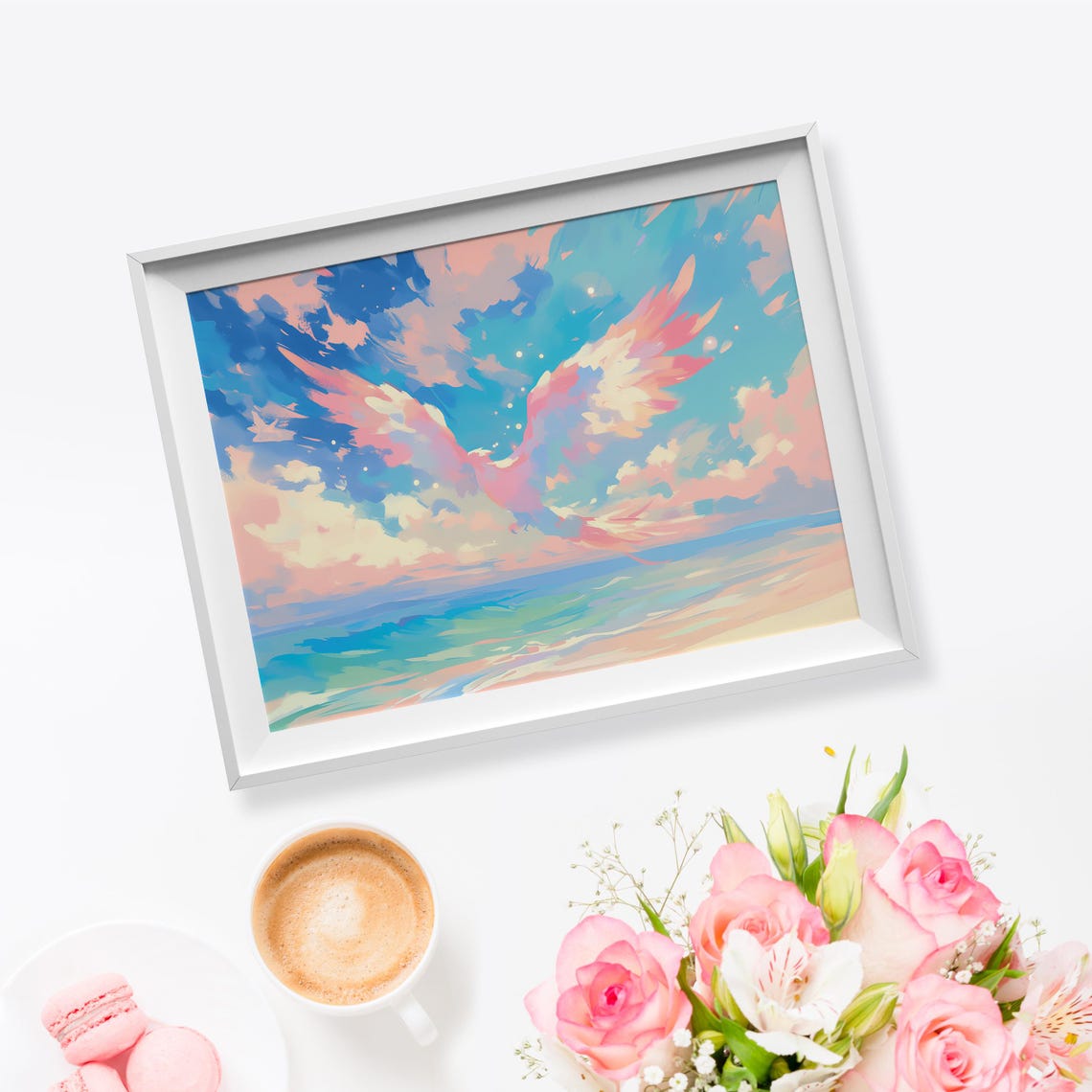 Pastel Phoenix Rising Over Ocean Sunset Clouds Fantasy Art Poster - Image 5