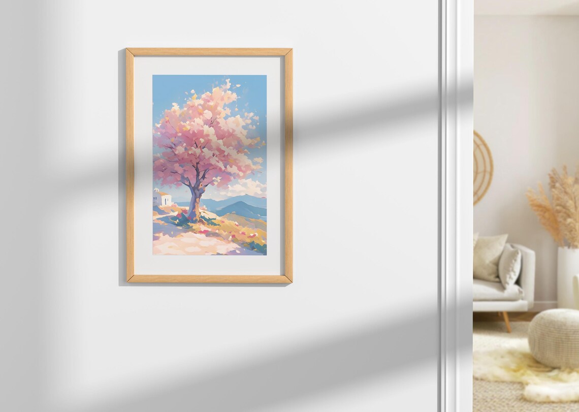 Cherry Blossom Tree Full Bloom Hill Overlooking Sea Mountains Spring Poster - Image 4