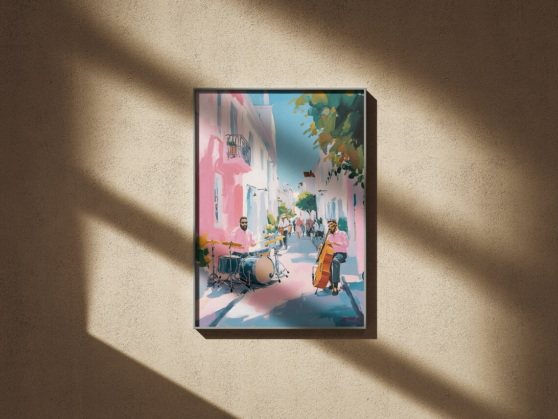 Street Jazz Musicians with Drums and Cello Live Music Pastel Wall Poster - Image 2