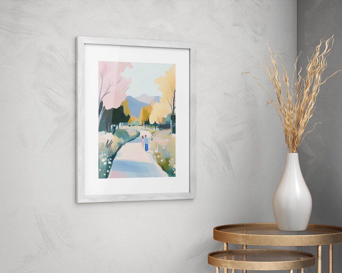 Couple Walking Country Path Pastel Mountains Spring Wall Art Print - Image 2