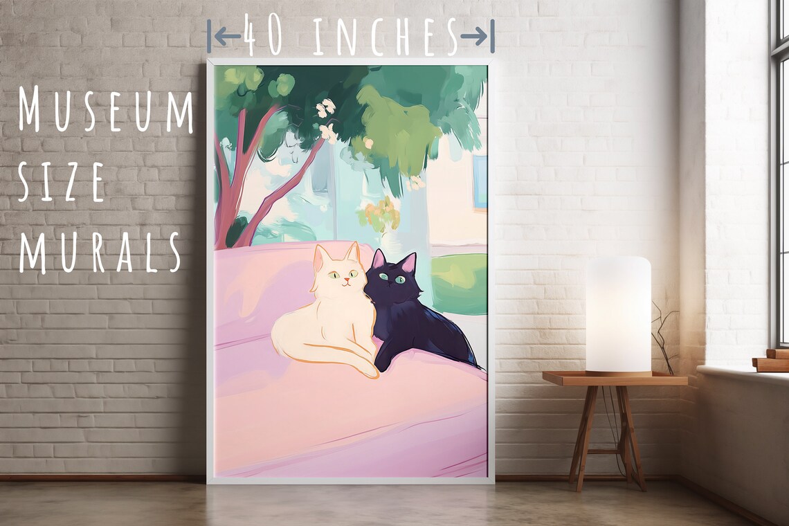 Two Cats Cuddling on Pink Couch Cute Illustration Cat Lover Wall Poster - Image 5