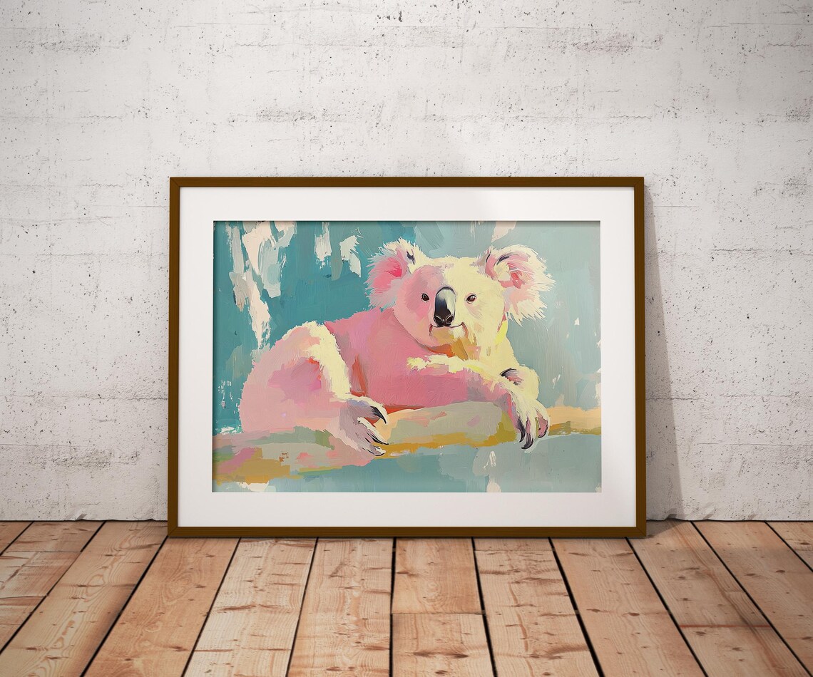 Relaxed Pink Koala on Branch Pastel Teal Cute Animal Wall Art Print - Image 2