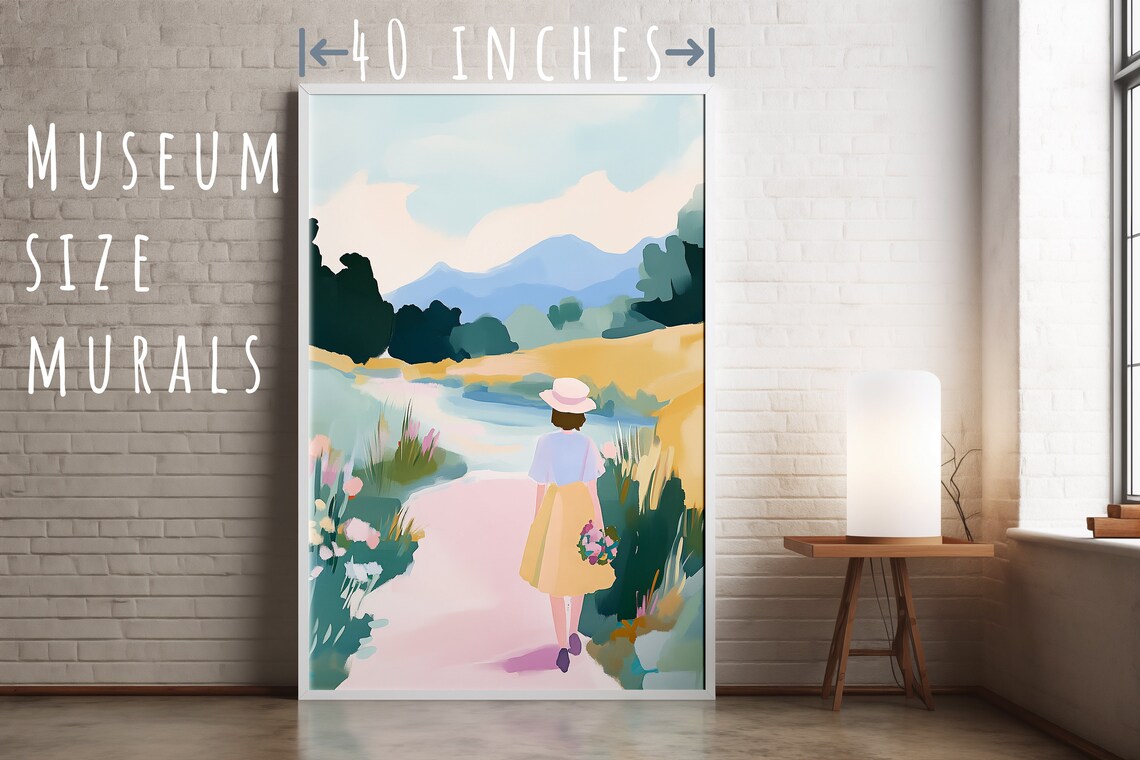 Girl in Sun Hat Walking Meadow Path by Blue Mountain Lake Pastel Poster - Image 5