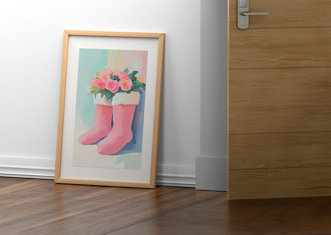 Pink Fur Boots Bouquet Pink Roses Floral Still Life Wall Poster - Image 2