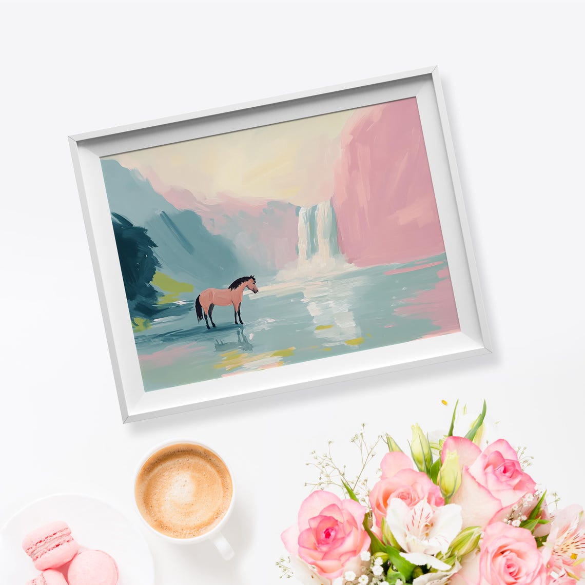 Horse Wading In River Below Waterfall Pastel Mountain Landscape Poster - Image 5