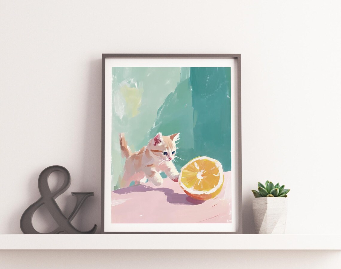 Cute Kitten Playing With Lemon Half Pastel Painting Funny Cat Art Poster - Image 2
