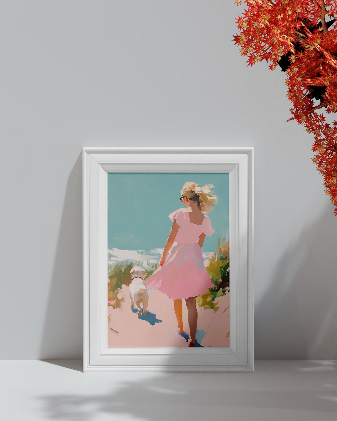 Blonde Girl In Pink Dress Walking White Dog On Pink Beach Poster - Image 4