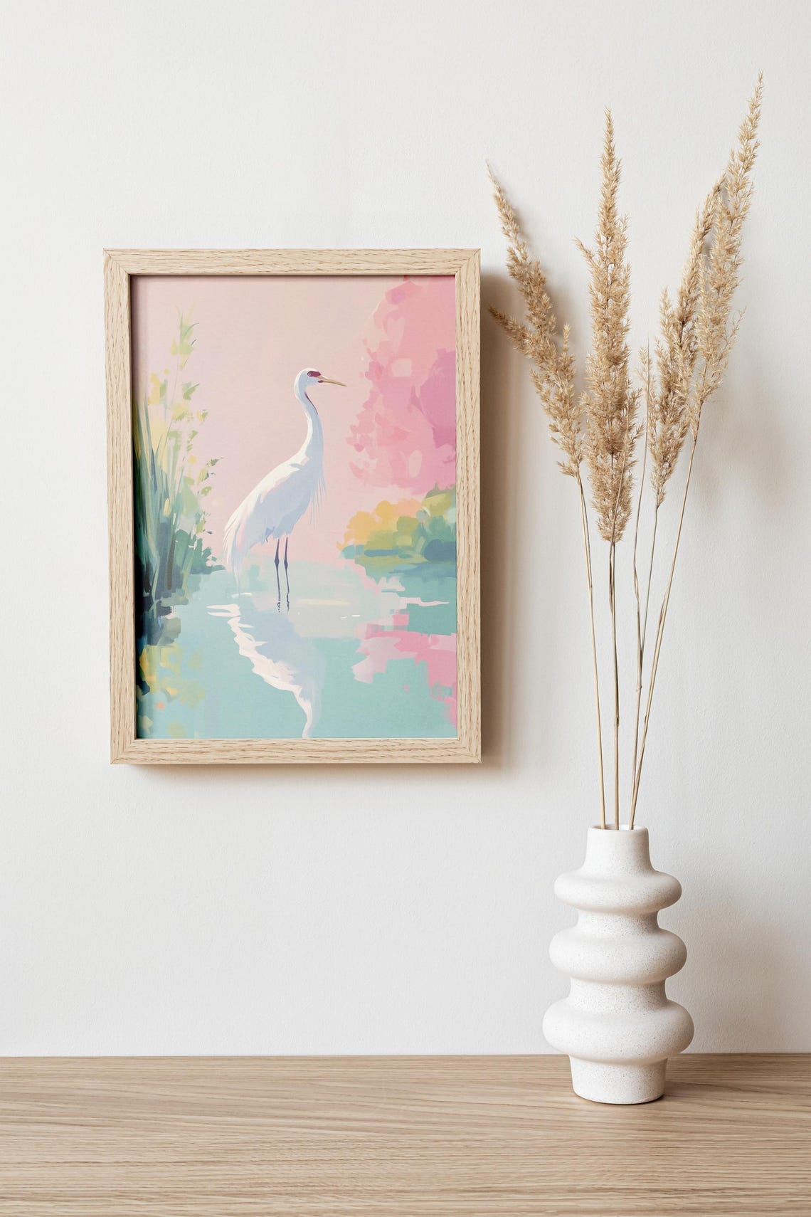 White Crane Bird Turquoise Pond Pink Blossom Tree Serene Art Poster - Image 4