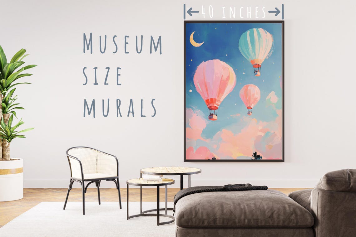 Pink Hot Air Balloons Starry Sky Crescent Moon Night Clouds Art Poster - Image 5