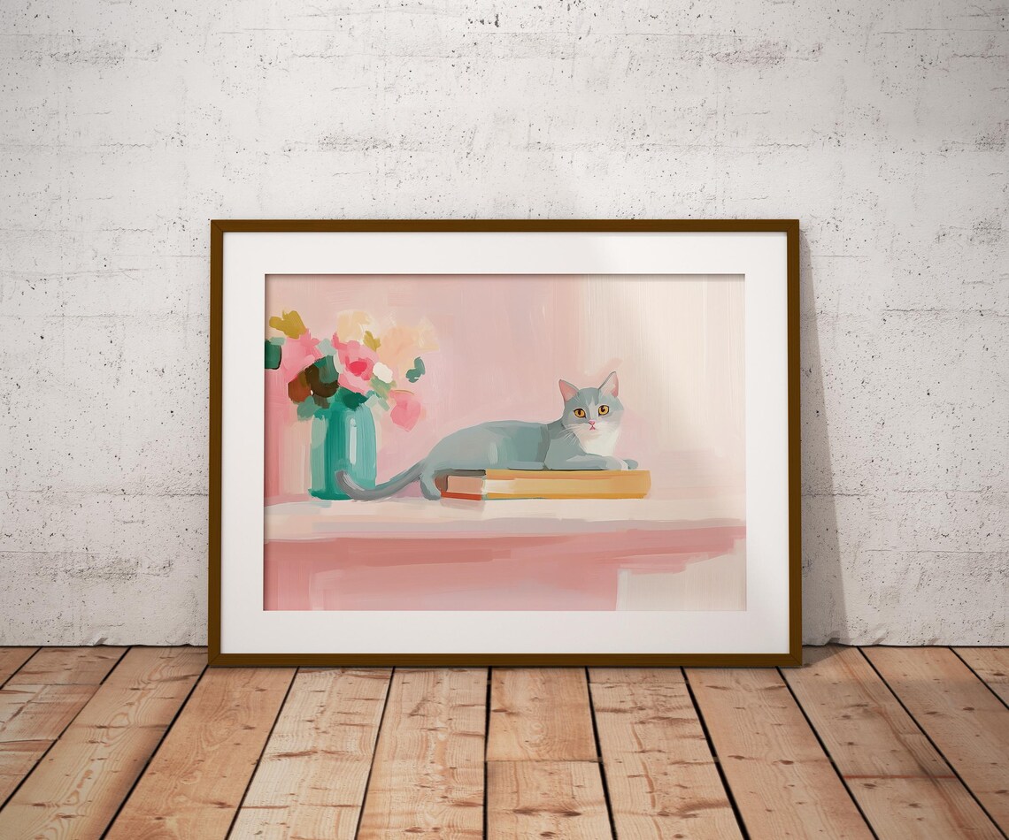 Gray Cat Lounging On Books Library Cat Portrait Pastel Wall Art - Image 2