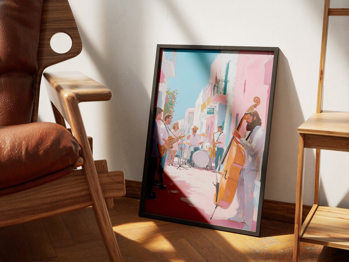 Jazz Street Band with Double Bass Live Music Pastel Art Wall Poster Print - Image 2