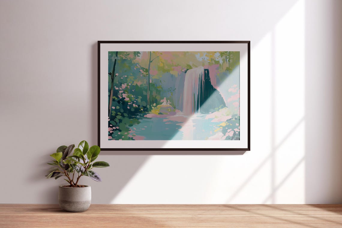 Forest Waterfall Pink Blossoms Fairy Pond Dreamy Nature Art Print - Image 3