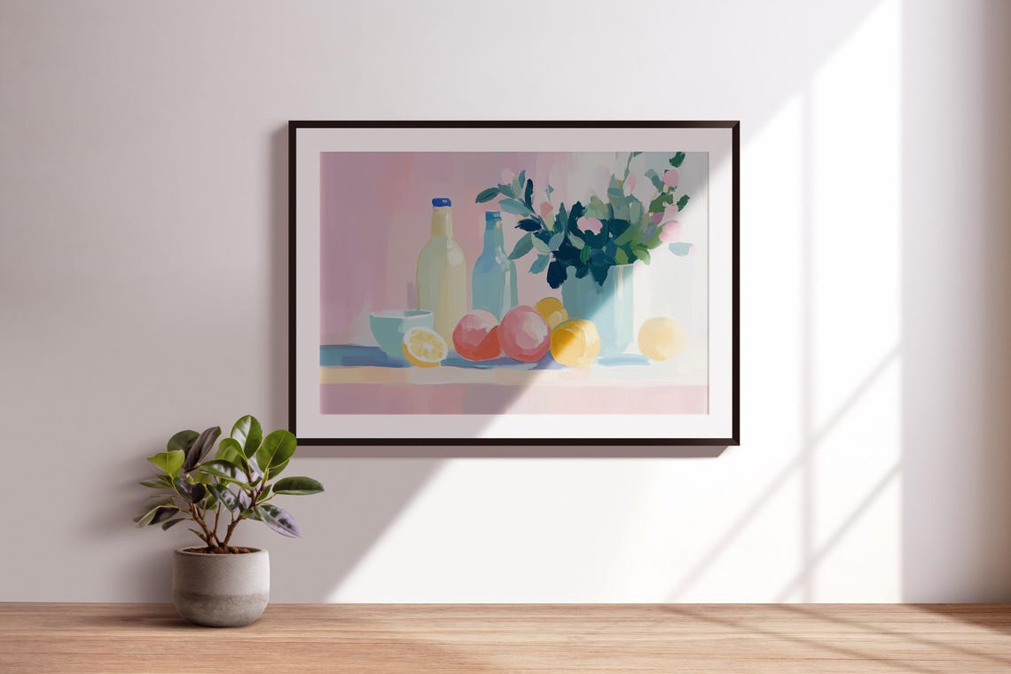 Pastel Still Life Lemons Bottles and Flowers Kitchen Wall Art Print - Image 3